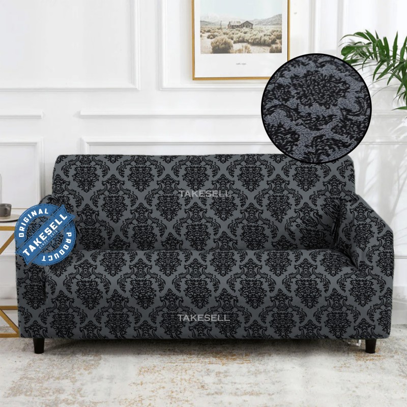 Smoky Gray Baroque Scroll Jacquard Sofa Cover  Full Spandex 2+2+1