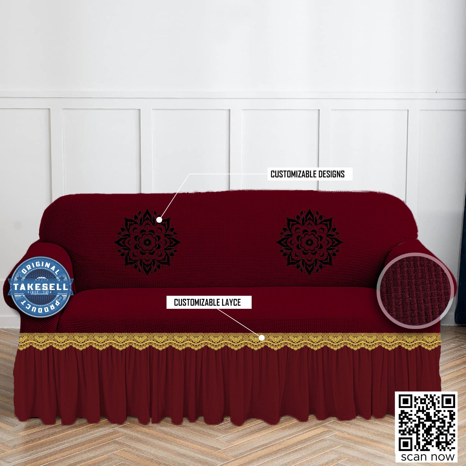 Combo Pack: Honeycomb Textured Maroon Sofa Cover with FREE Cushion Cover