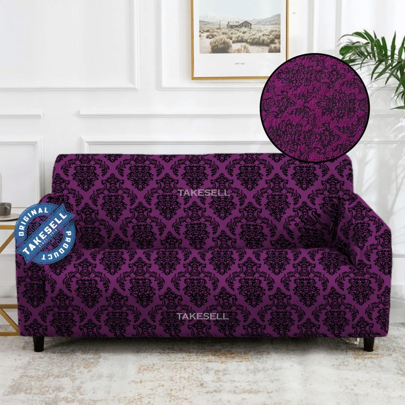 Regal Plum Damask Ruffled Jacquard Sofa Cover Full Spandex 2+2+1