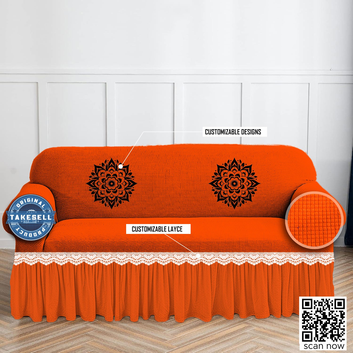 Honeycomb Textured Orange Sofa Cover Set 2