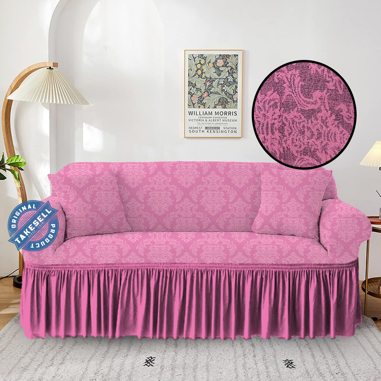 Vibrant Pink Damask Jacquard Sofa Cover 2+2+1