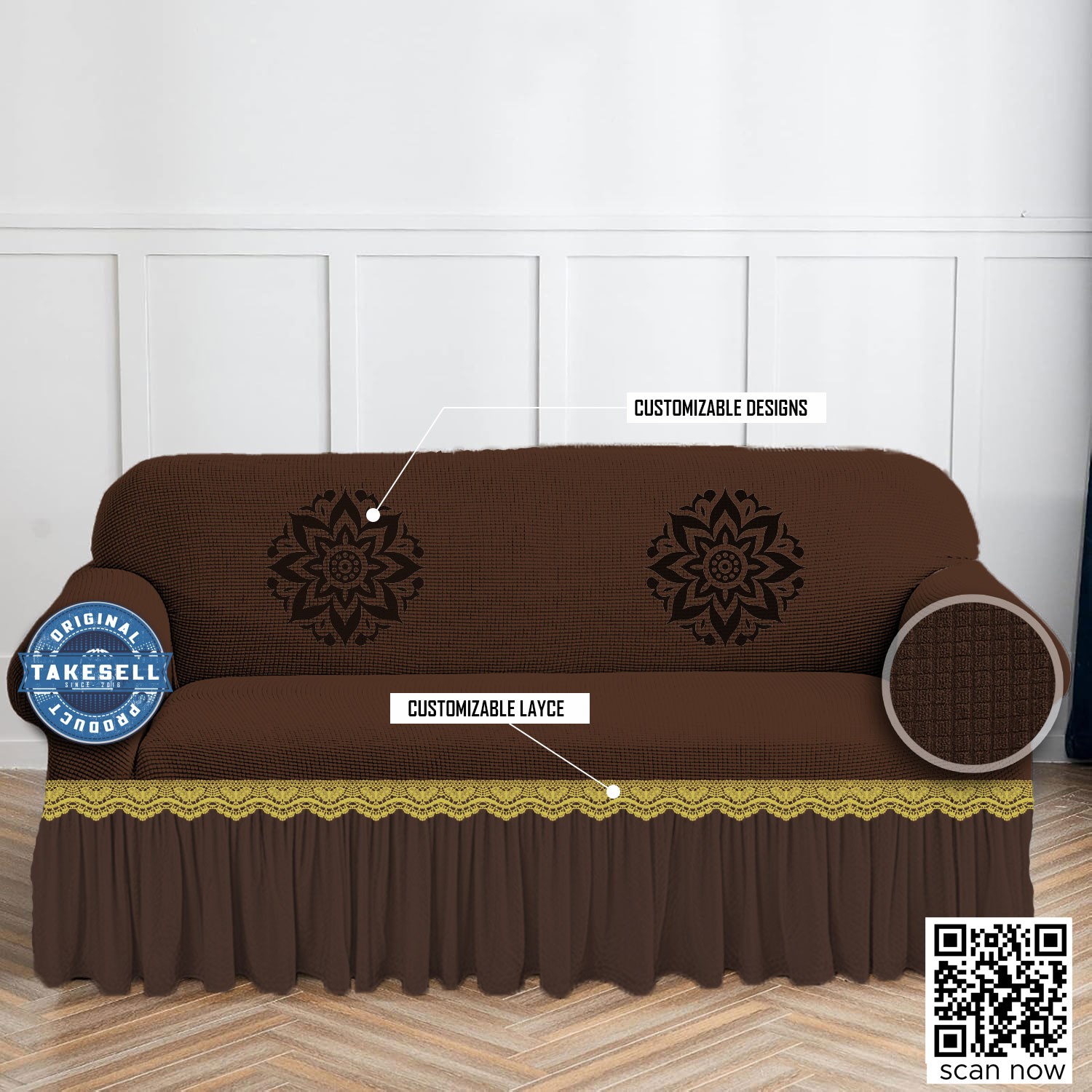 Combo Pack: Honeycomb Textured Coffee color Sofa Cover with FREE Cushion Cover